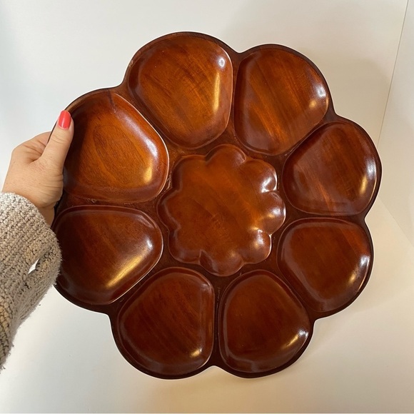 Mahogany Wood Divided Plater 15” Flower Shaped Snack Tray - Picture 4 of 6